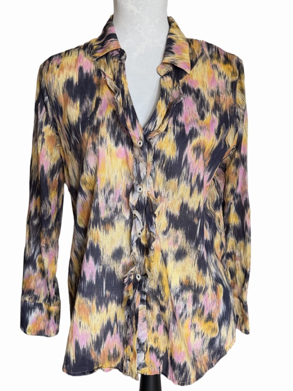 NIC + ZOE Abstract Ikat Print Button Front Blouse | Lightweight Cotton | Size